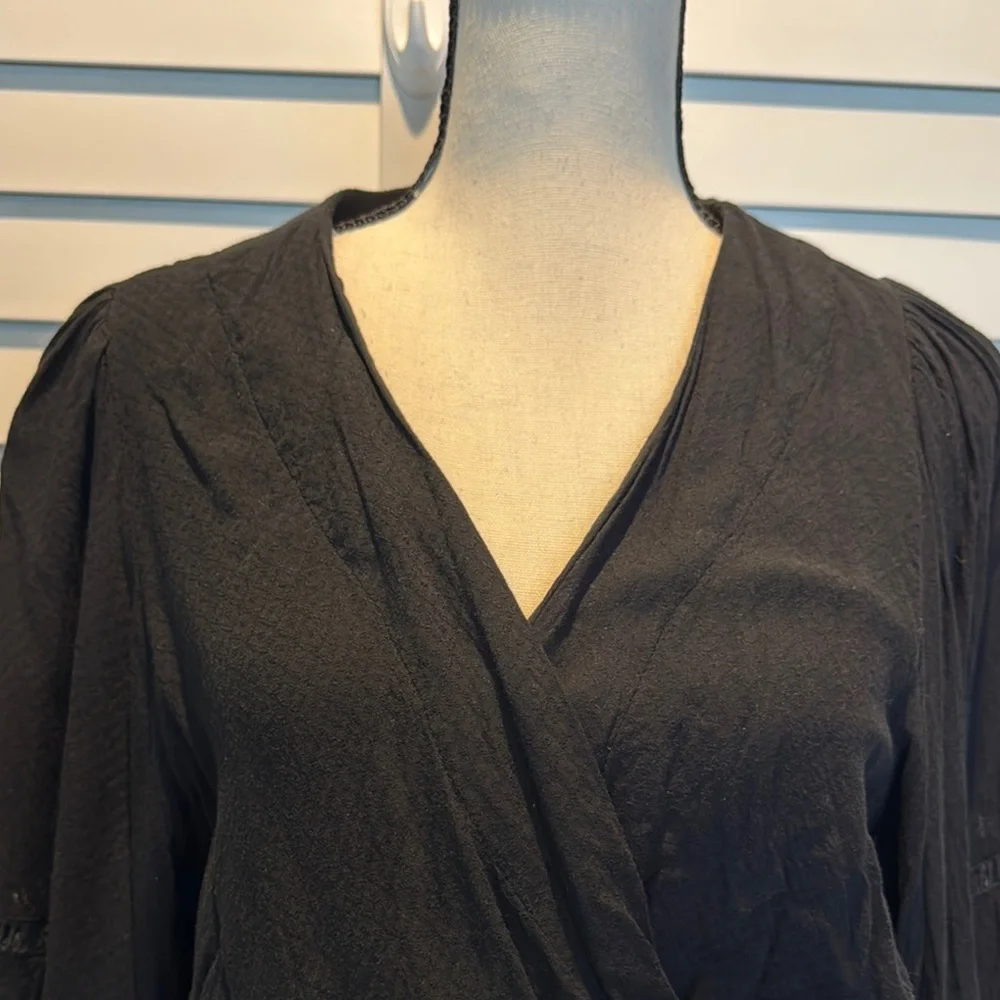 Free People Black Puff Sleeve Wrap Blouse